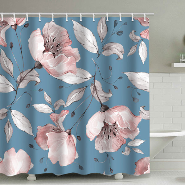 Blå blomster bruseforhæng, med 12 plastikkroge 180*180cm