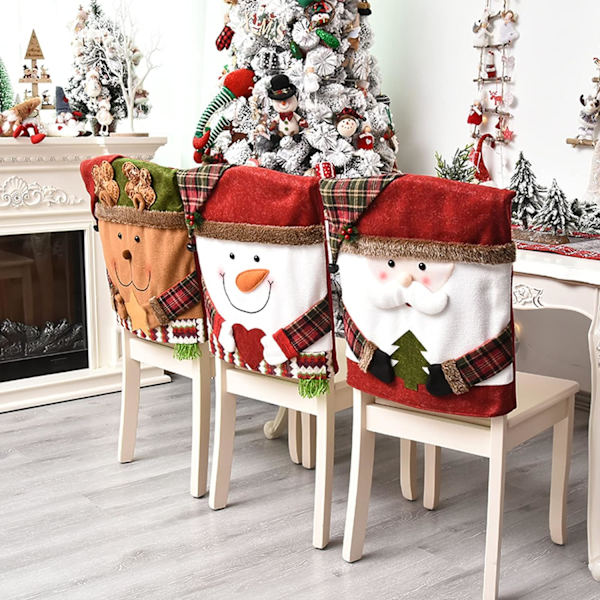 Set med 2 julstolsryggar, tomte, snögubbe, ren