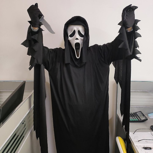 Spökansikte skrik skräckmask, cosplaydräkt för Halloween-mördare