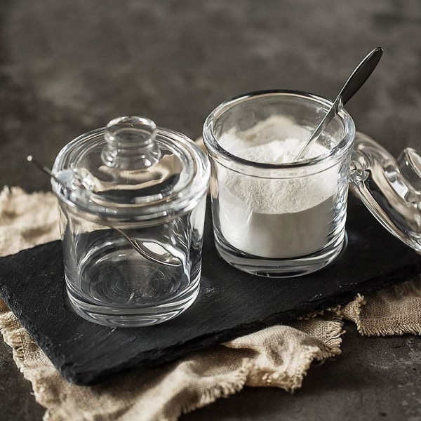 Klassisk sockerskål i klart glas med lock Serveringssked Saltburk P