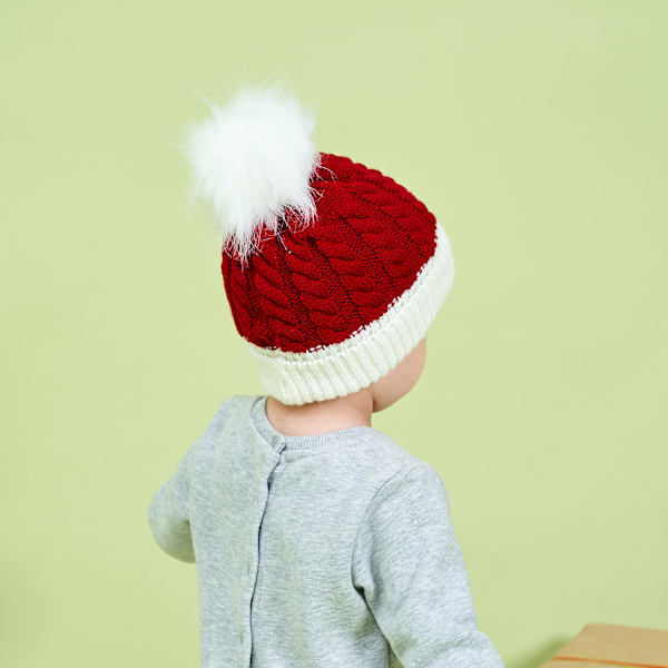 Jul Stickad Mössa för Barn Varm Solid Ull Boll Cap (Röd)