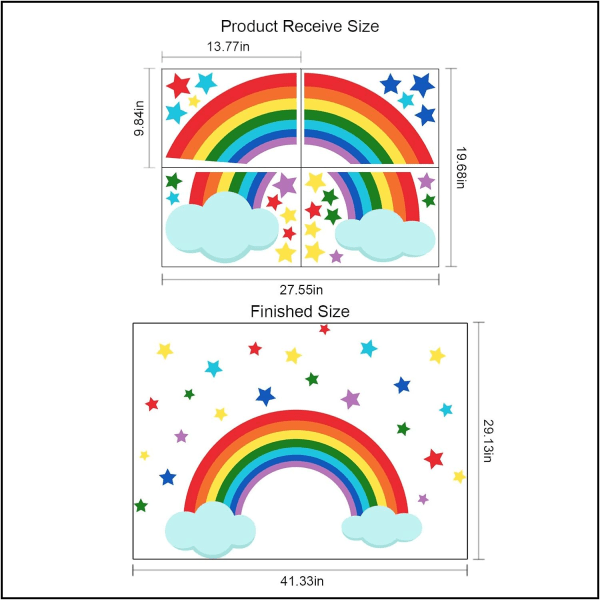 4 arkkia värikkäitä sateenkaari- ja pilvitähtien seinätarroja, kuori ja