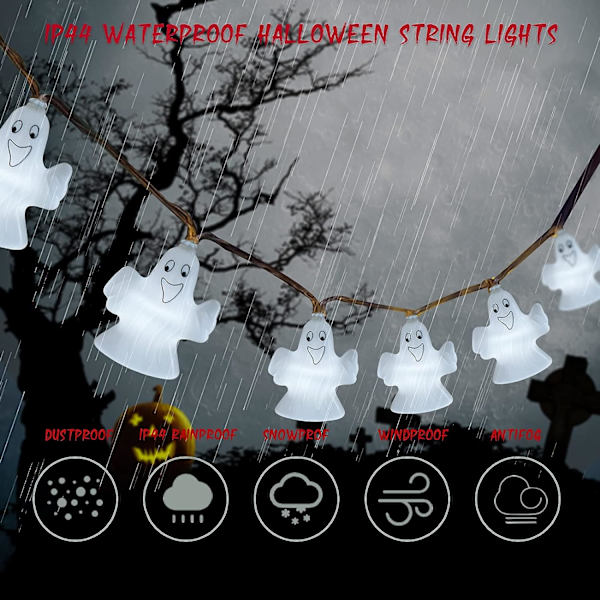Spøkelseslyslenke, søt Halloween-dekorasjon med 20 LED-spøkelser