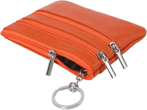 Dame ægte læder møntpung med nøglering, orange, one size