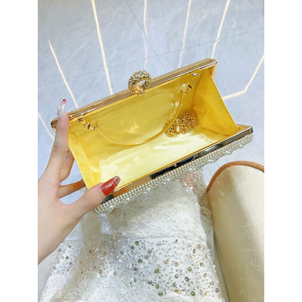 Naisten helmi- ja strassikoristeinen iltalaukku, vedettävä tupsu, clutch-laukku, crossbody-olkalaukku, juhlalaukku gold