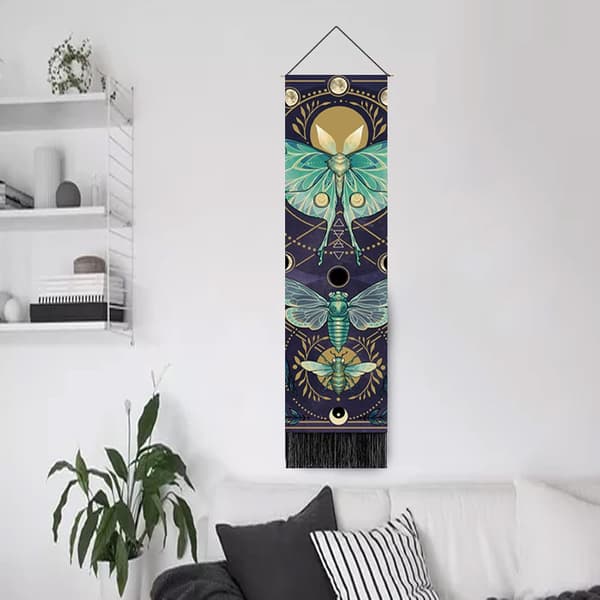 Boho-väggbonad i lång tyg, vertikal väggbonad med måne och sol