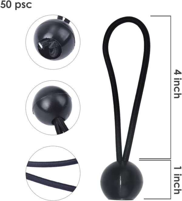 50 stk. elastiske kugle bungee-reb (sort), presenningstrammer til Gaz