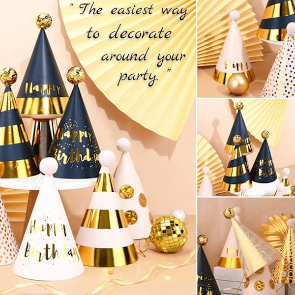 Födelsedagsfest hattar - Set med 12 guld Happy Birthday Cone Party H