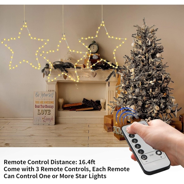 3-pack julstjärnor för fönster med batteridriven timer 8 ljus