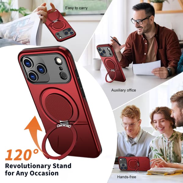 Lämplig för iPhone 16 PRO magnetiskt telefonfodral, stötsäkert telefonfodral, med 360° roterande metallringstativ (stöder MagSafe) Red
