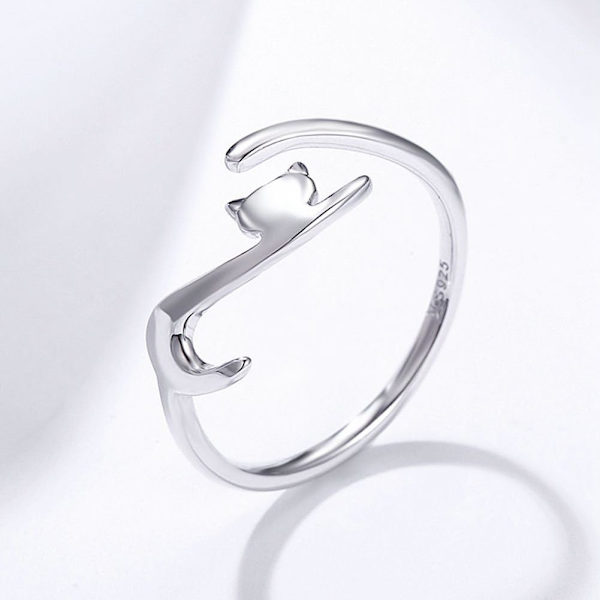 925 Sterling Silver Ring, Justerbar Öppen Katt Stil Ring Mode