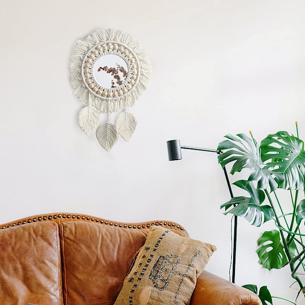 Dekorativt hængende macrame vægspejl - Håndlavet Boho frynset A