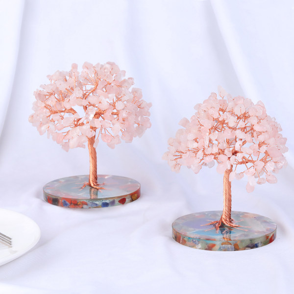 Kobber Ametyst Krystalltre med Orgon Agat Base, Feng Shui Krystalldekor for Lykke & Velstand, Rosa
