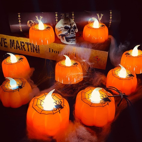 12 Pack Halloween Pumpkin Tealight Candles with Spider Web Decor