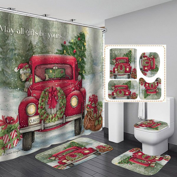 4-delad julduschsätt med halkfri matta, toalettlock och badmatta, julstrumpa, julgardin Shower curtain 180*180cm