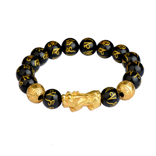 Naturligt svart agatsand guld pixiu-armband med sex ord av t