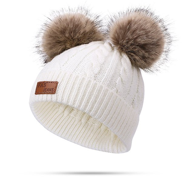 3 stk. Vinterluer og skjerfsett for barn, babylue med dobbel pompom, vinterlue for småbarn fra 1-8 år, gutter og jenter. White