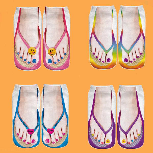 Imitation Sock Sandals 6 Par Random Färger 3d Mönster Tryckt
