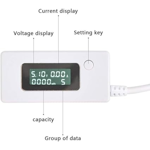 Vit svans LCD-bakgrundsbelysning LCD-digital display USB-amperemeter Voltmet