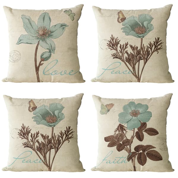 4 stk Rustikk Rose Blomster Puter i Lin Middelhavs Pledd Puter