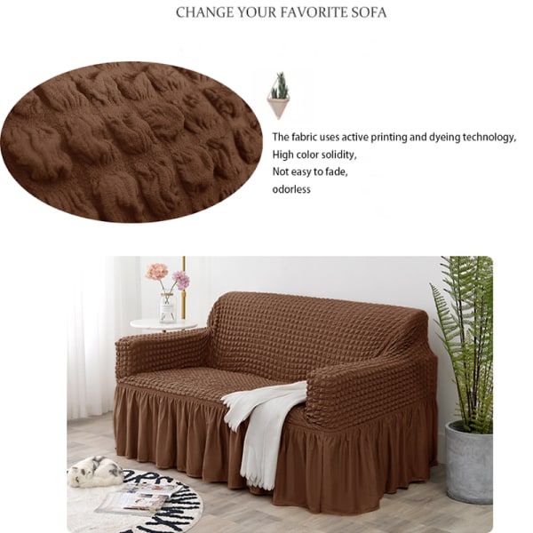 Lett og tilpasset sofaovertrekk, universell, høy strekk, slitesterk møbelbeskytter med skjørt (lærpulver), 2-4 setere 235-300cm