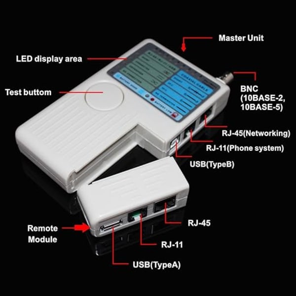 4 i 1 nettverkskabeltester RJ45/RJ11/USB/BNC LAN-kabel Cat5 Cat