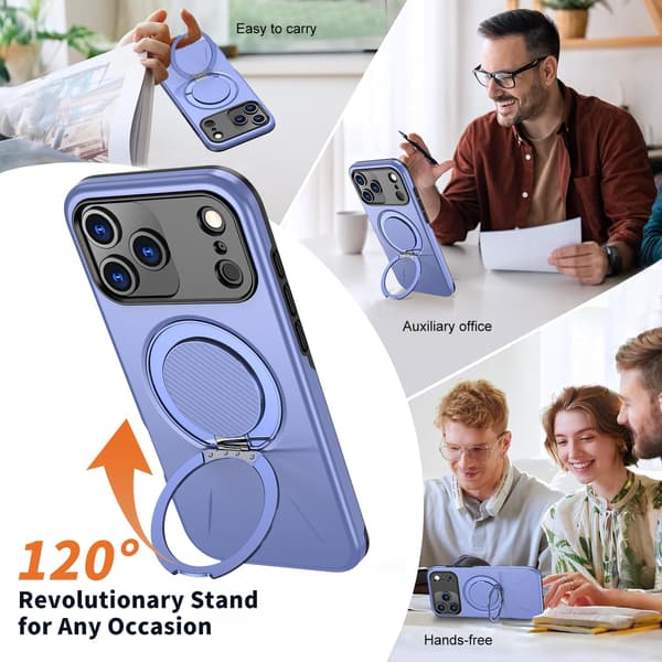 Lämplig för iPhone 17 PRO magnetiskt telefonfodral, stötsäkert telefonfodral, med 360° roterande metallringstativ (stöder MagSafe) Purple