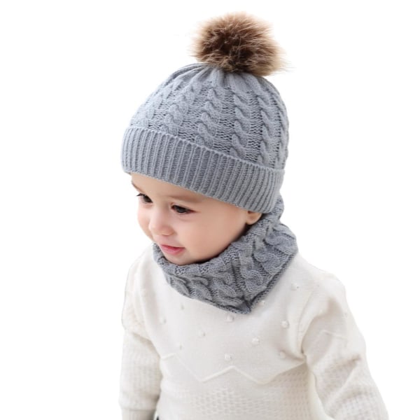 Kids Warm Knitted Hat Winter Scarf Set Acrylic Fiber Fur Ball Ba