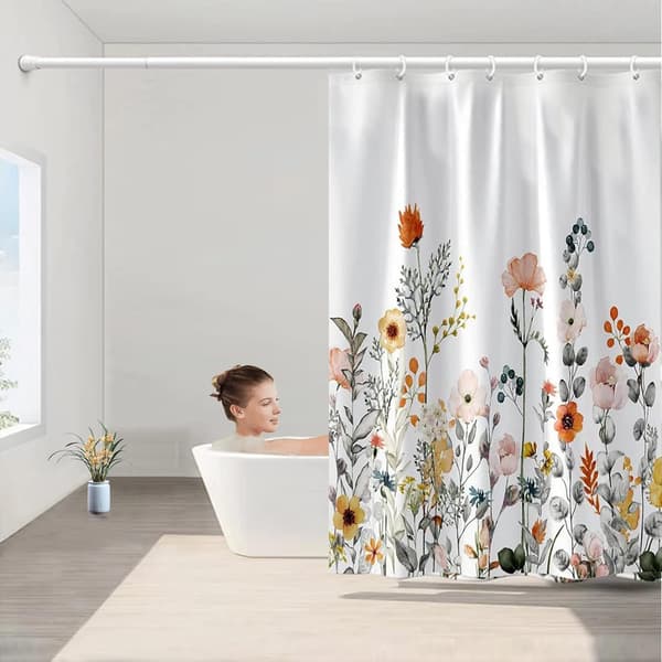 Blommig Duschdraperi, Vit Tyg Duschdraperi - 71\" B x 71\"