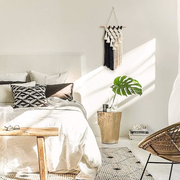 Macrame väggbonad, svartvit väggkonst, liten vävd boho