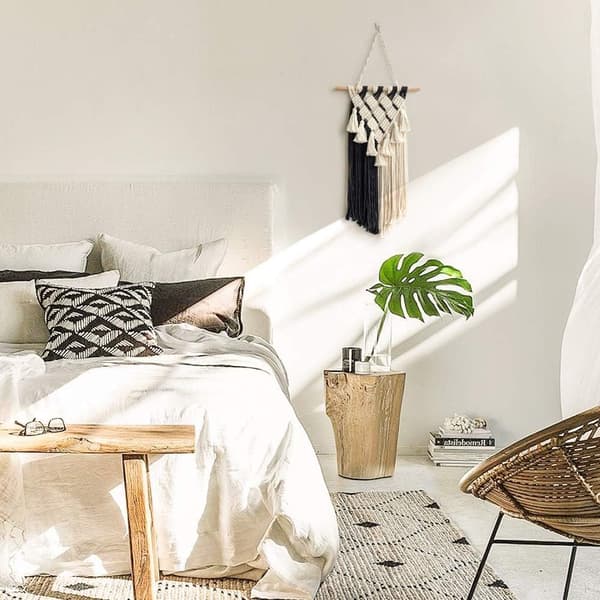 Macrame vægophæng, sort og hvid vægkunst, lille vævet boho