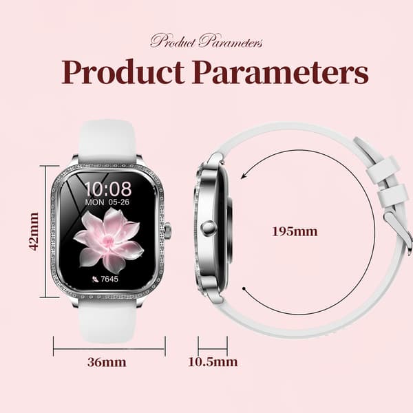 1,75\" HD Diamonds smartklokker for kvinner, svar/ring treningsmåler for Android iOS-telefoner med pulssøvnmonitor skritteller Silver