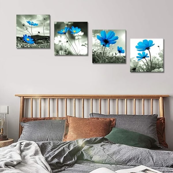 4 st canvas tavlor - Blå blomma canvas tavla väggdekor för