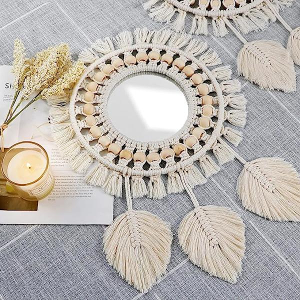 Boho Macrame Fransvägg Spegel med Träpärlor Fjäder