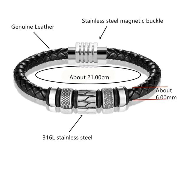 Sort læderarmbånd og rustfrit stålperler