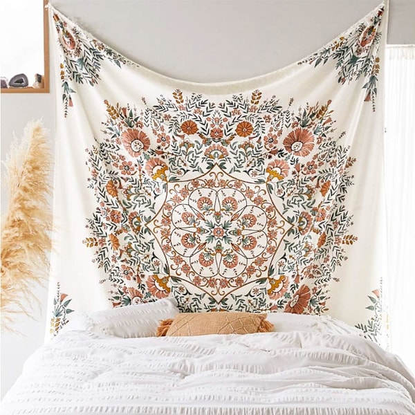 Mandala Blomster Gobeläng Väggbonad - Bohemian Hippie Vit Kran