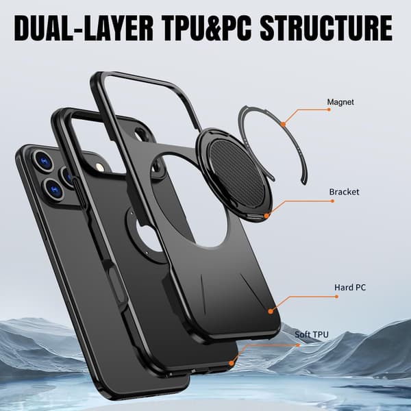 Lämplig för iPhone 16 PRO MAX magnetiskt telefonfodral, stötsäkert telefonfodral, med 360° roterande metallringstativ (stöder MagSafe) Black