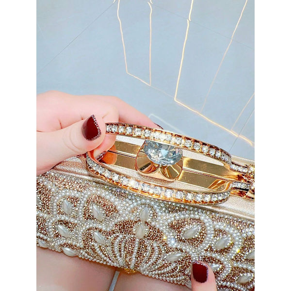 Dame Clutch med funklende rhinsten og krystaller, pailletter, brudetaske, perler, aftenhåndtaske til bryllup, fest, galla Silver