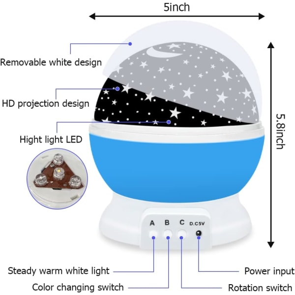Stjerneprojektor for barn, 360° roterende stjernehimmel månelys proje