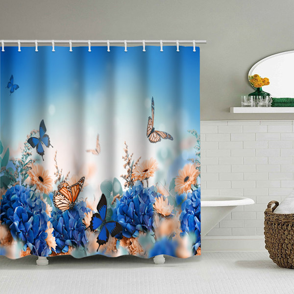 Blå Blomster Bruseforhæng, med 12 Plastik Kroge 180*180cm