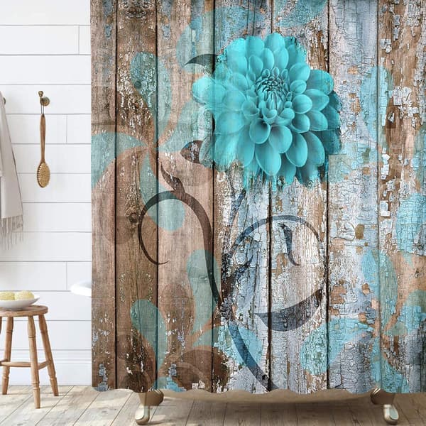 Rustik blommig duschdraperi, teal blommig dahlia trä bondgård
