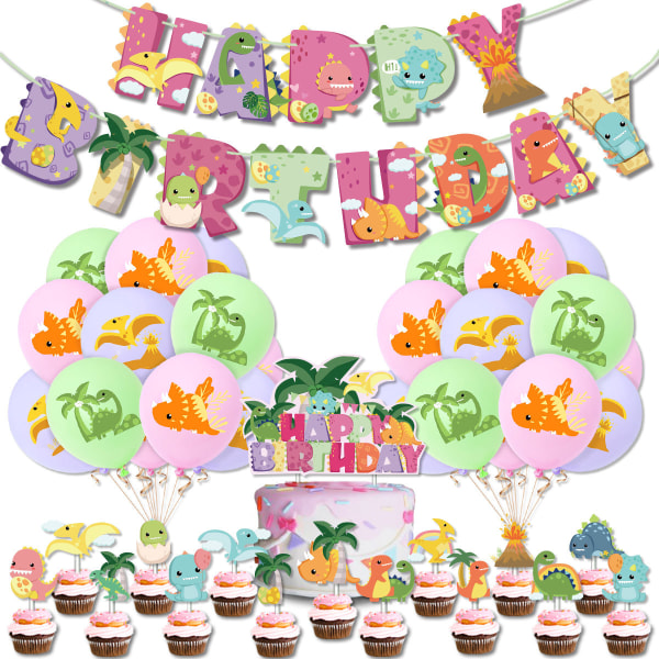 Pink dinosaur theme happy birthday party decorations set