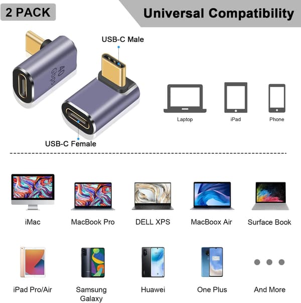 90 asteen USB C -sovitin 100 W, 40 Gbps USB C -sovitin, 2 kpl ylös alas