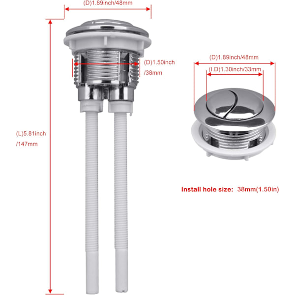 2 stk. Toilet Tank Knap 38mm Dobbelt Knap Kontakt Rund Skaft Butt