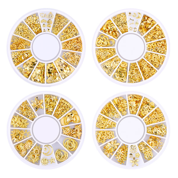 3 laatikkoa kultaisia ja hopeisia nail art -koristeita, metallia, sekoitettuja muotoja, kukkia, tähtiä C