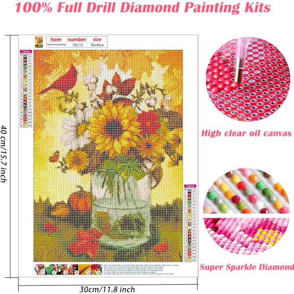 5D DIY Diamantmålning Set, Röd Fågel Solros Diamantkonst, Hummi