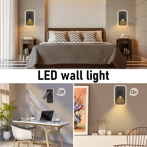 Sengelampe, LED-leselampe med USB-port og bryter