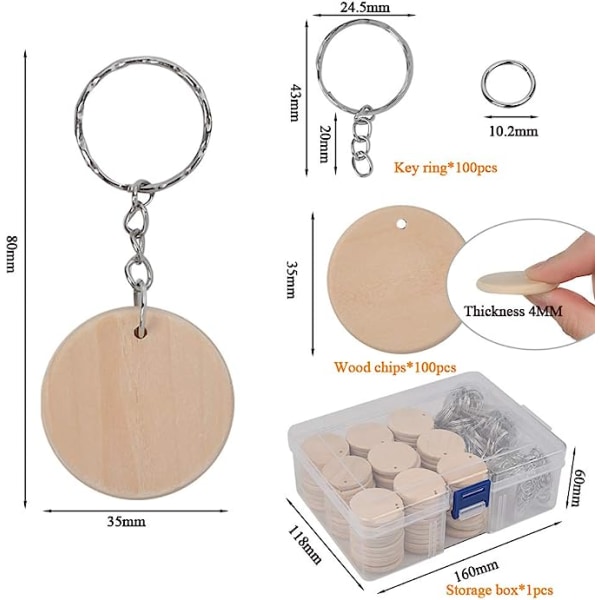 100 st träskivor och nyckelring, runda trä 35 mm