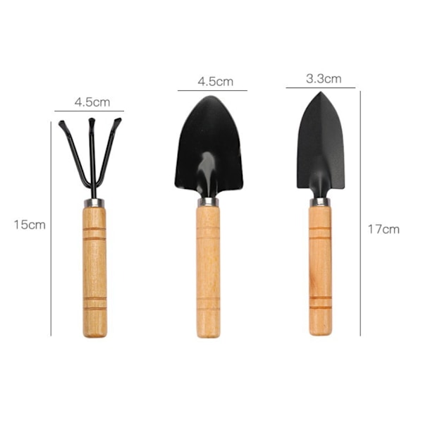 3 stk. Mini hageredskap, lite rive- og skuffesett