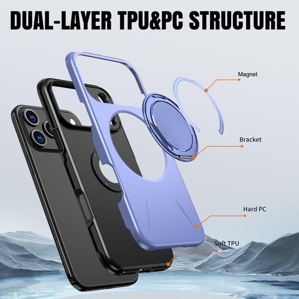 Lämplig för iPhone 16 PRO MAX magnetiskt telefonfodral, stötsäkert telefonfodral, med 360° roterande metallringstativ (stöder MagSafe) Purple
